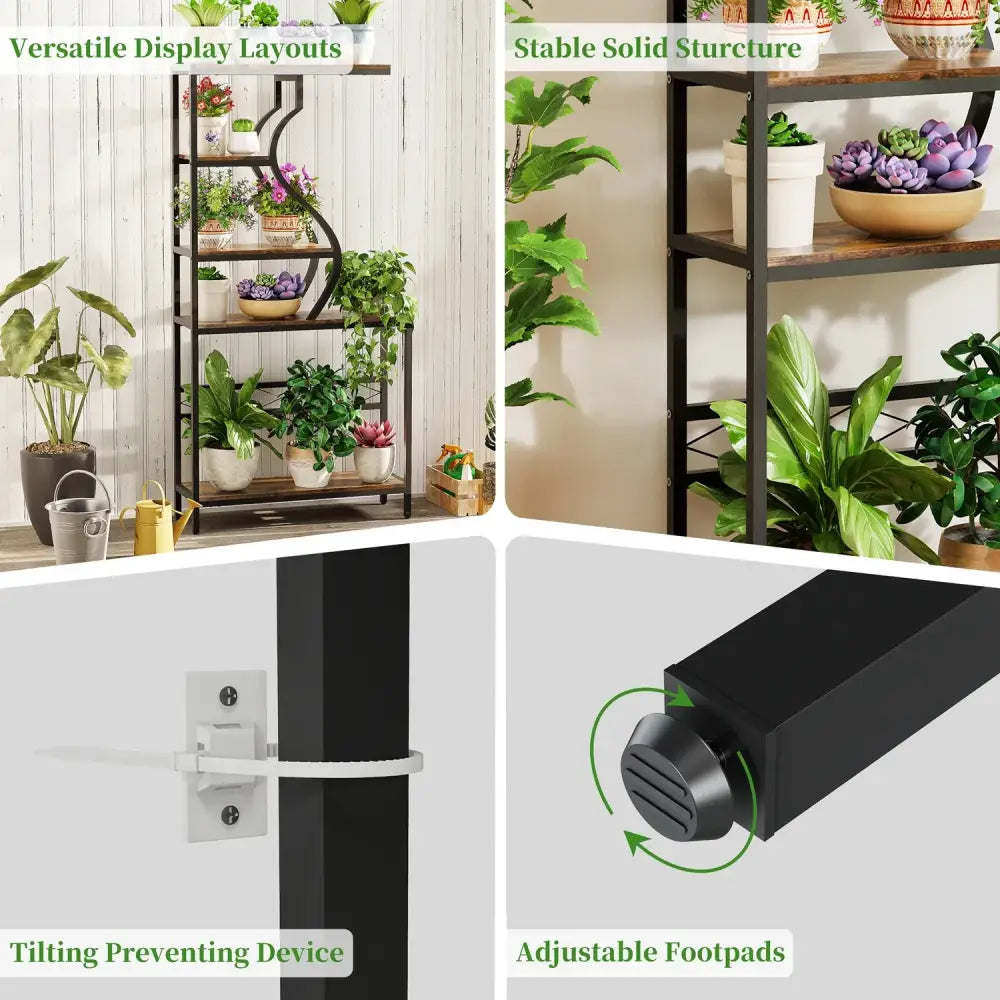 Industrial black & wood 5-tier plant stand display rack living room
