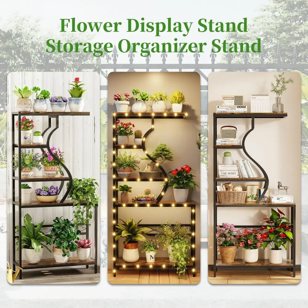 Industrial black & wood 5-tier plant stand display rack living room