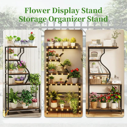 Industrial black & wood 5-tier plant stand display rack living room