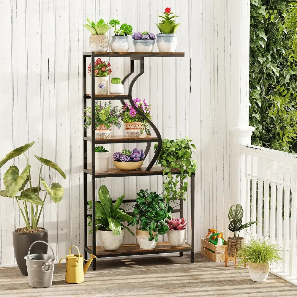 Industrial black & wood 5-tier plant stand display rack living room