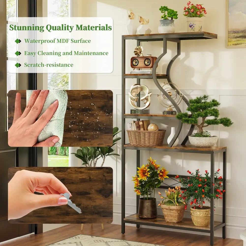 Industrial black & wood 5-tier plant stand display rack living room