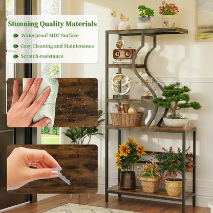 Industrial black & wood 5-tier plant stand display rack living room