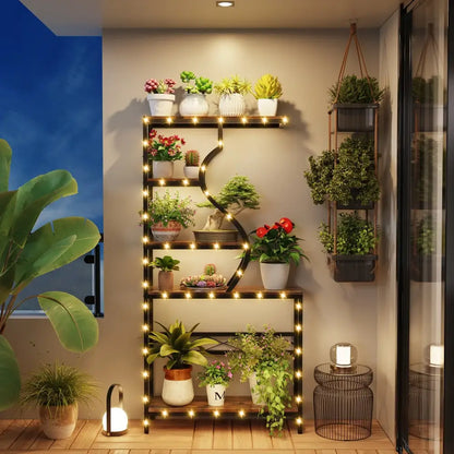 Industrial black & wood 5-tier plant stand display rack living room