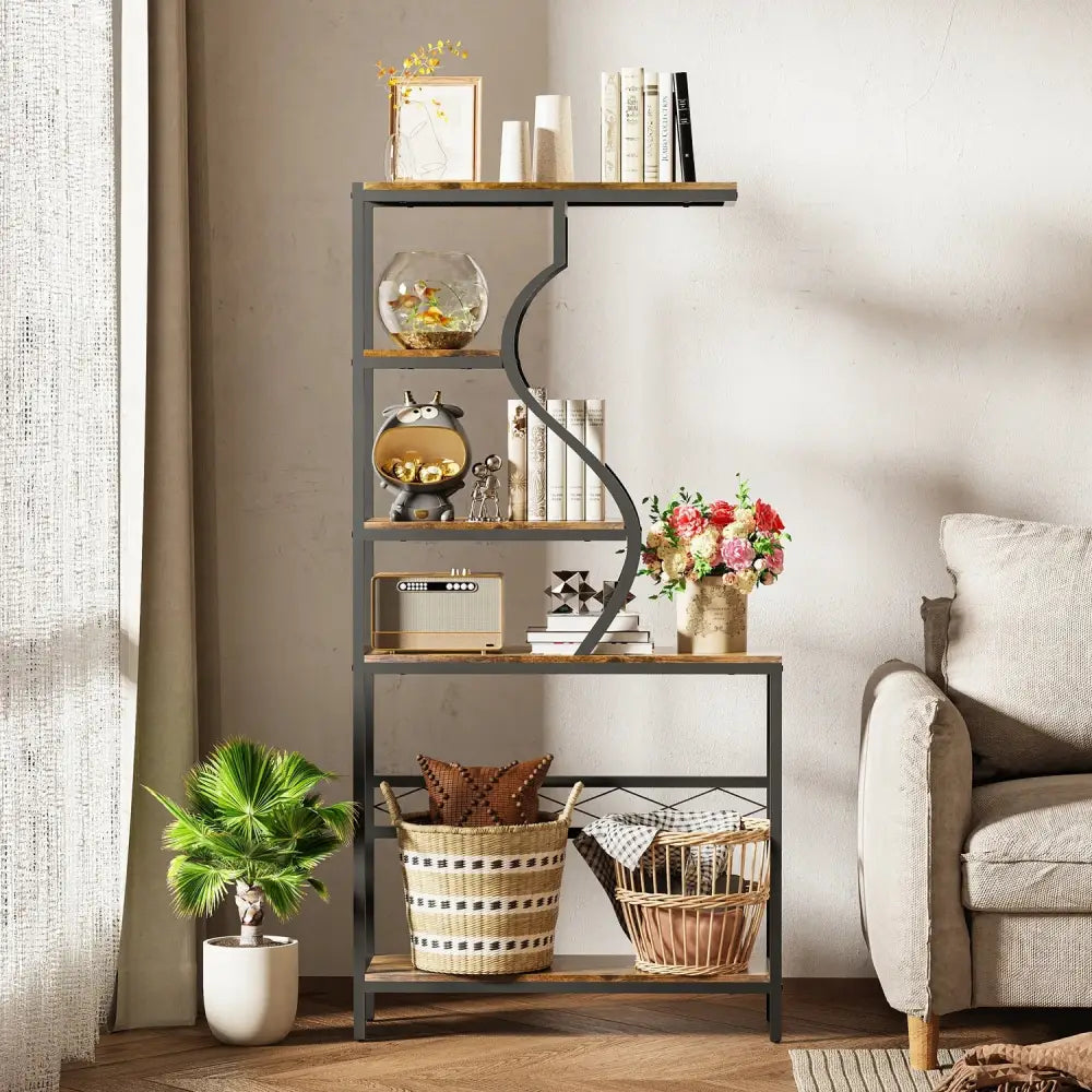 Industrial black & wood 5-tier plant stand display rack living room