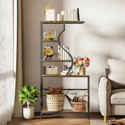 Industrial black & wood 5-tier plant stand display rack living room