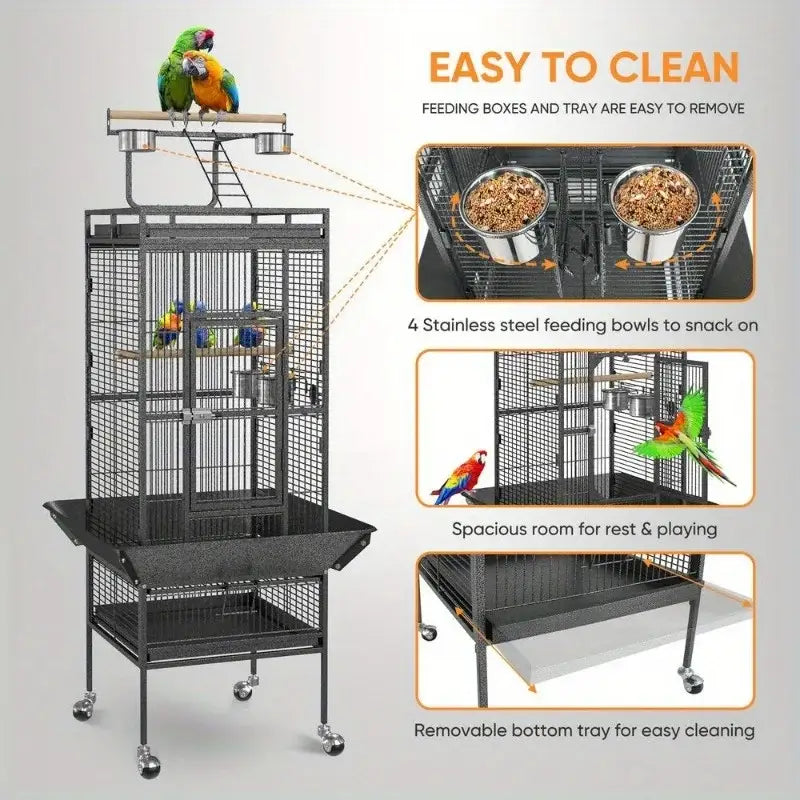 Large black metal bird cage with wheeled stand – living room pet home