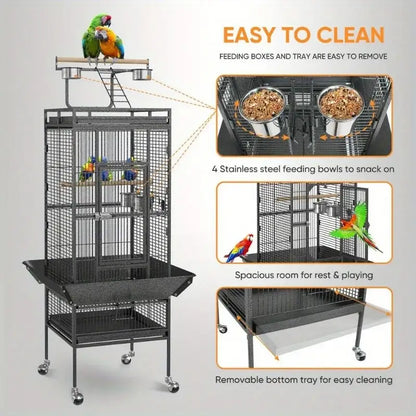Large black metal bird cage with wheeled stand – living room pet home