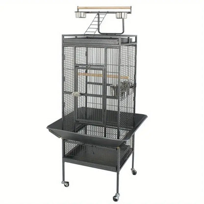 Large black metal bird cage with wheeled stand – living room pet home