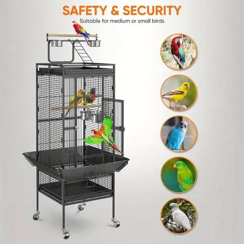 Large black metal bird cage with wheeled stand – living room pet home