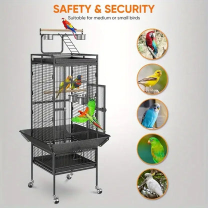 Large black metal bird cage with wheeled stand – living room pet home