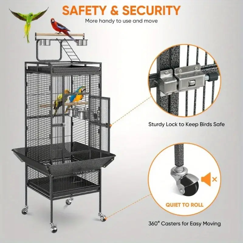 Large black metal bird cage with wheeled stand – living room pet home