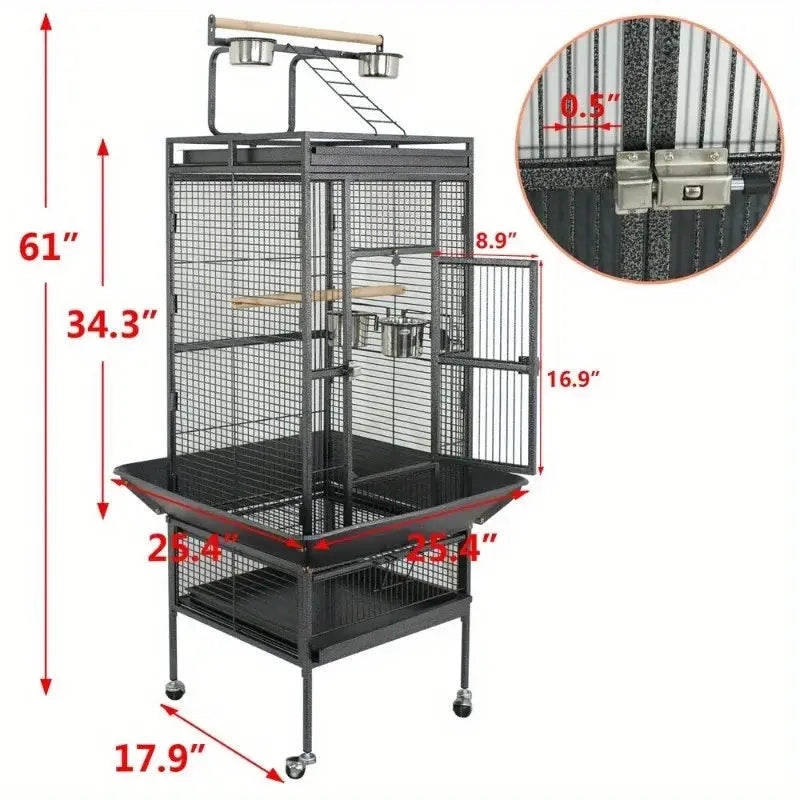 Large black metal bird cage with wheeled stand – living room pet home
