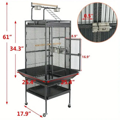 Large black metal bird cage with wheeled stand – living room pet home