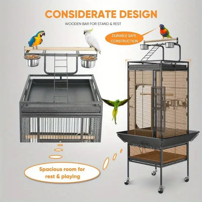 Large black metal bird cage with wheeled stand – living room pet home