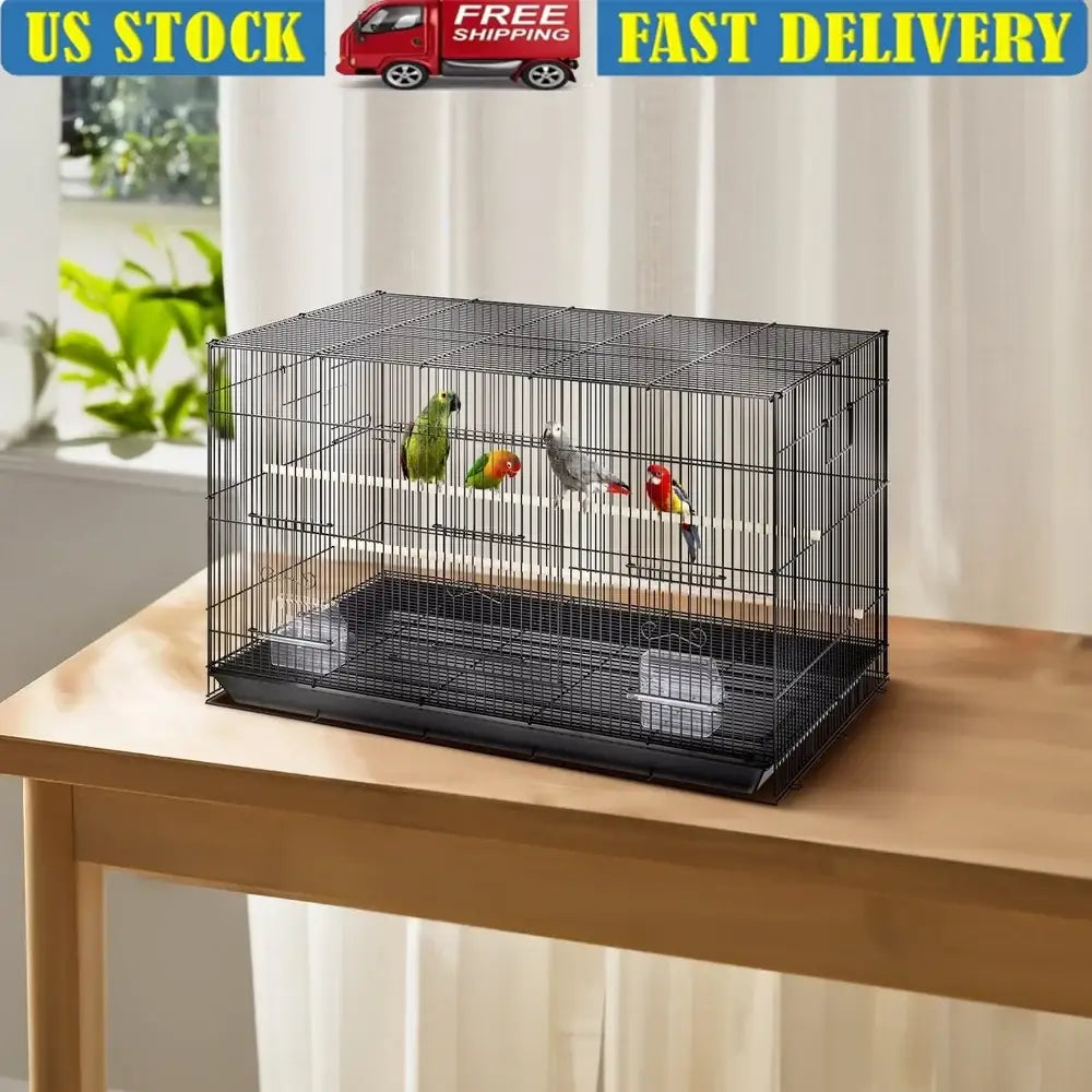 Large black metal bird cage with perches for living room