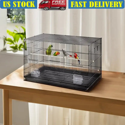 Large black metal bird cage with perches for living room
