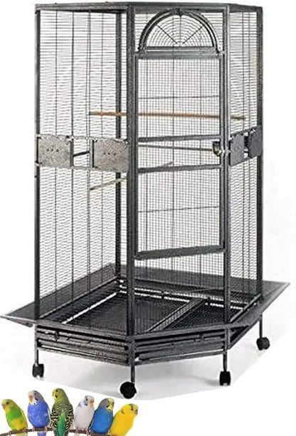 Silver wrought iron arched flight bird cage living room rolling base