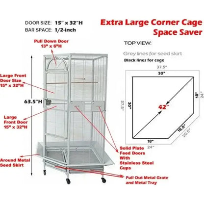 Silver wrought iron arched flight bird cage living room rolling base
