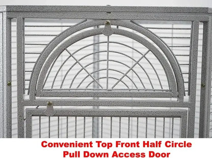 Silver wrought iron arched flight bird cage living room rolling base
