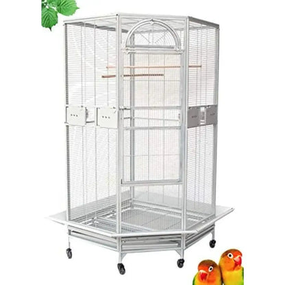 Silver wrought iron arched flight bird cage living room rolling base