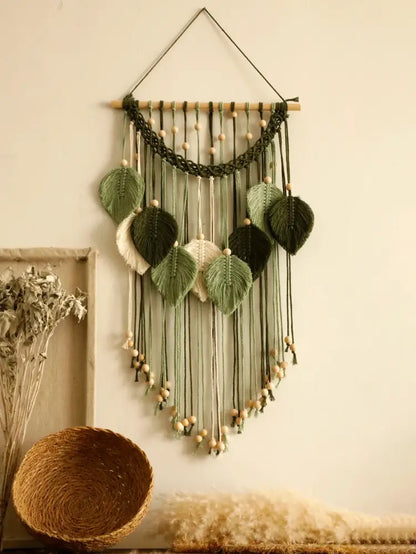 Boho green & beige macrame wall hanging living room leaf decor