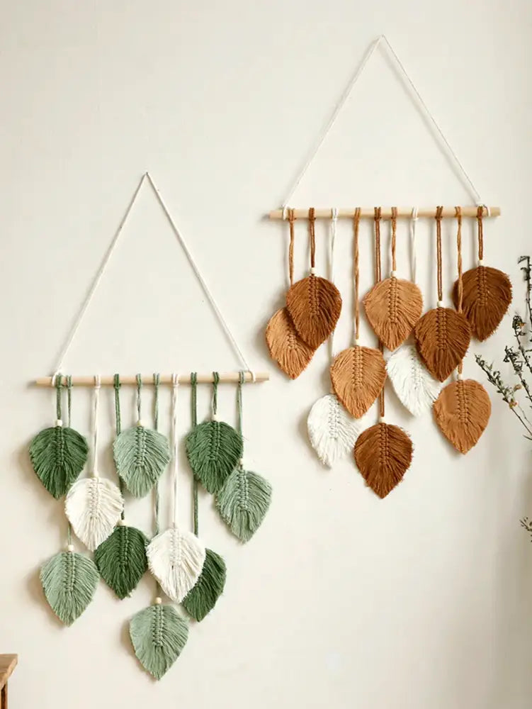 Boho green & beige macrame wall hanging living room leaf decor