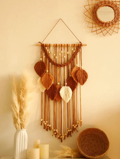Boho green & beige macrame wall hanging living room leaf decor