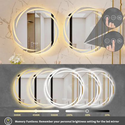 Modern led backlit round bathroom mirror with dual glow rings