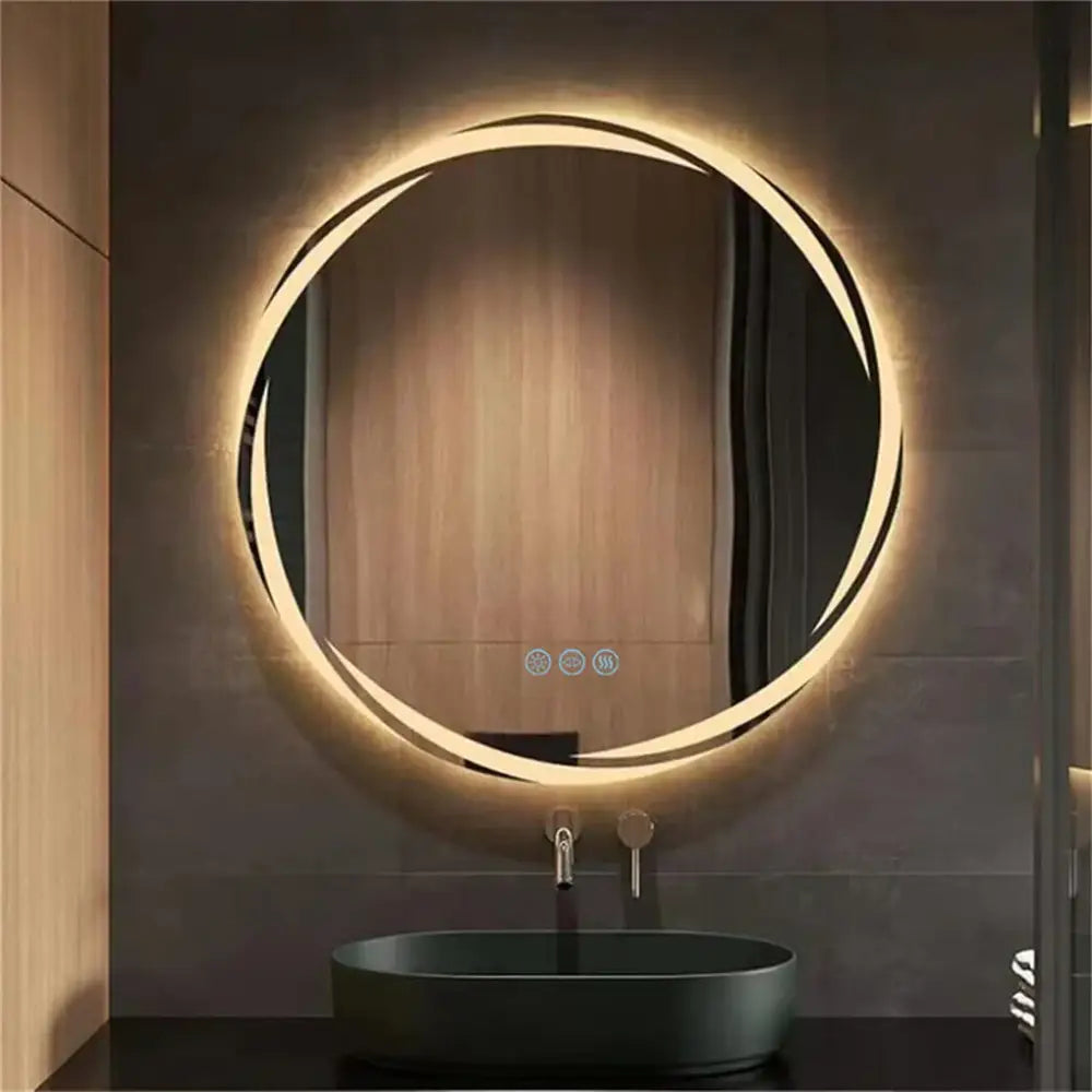 Modern led backlit round bathroom mirror with dual glow rings