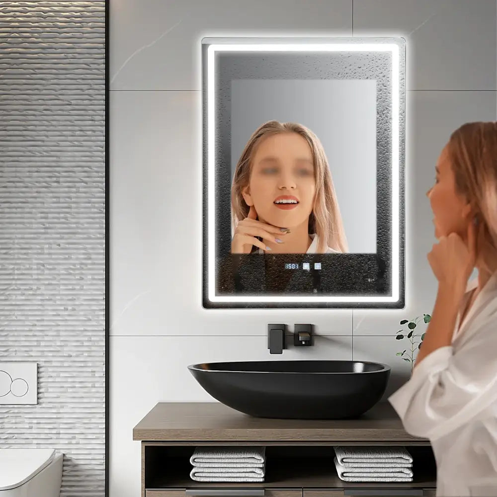Modern rectangular led bathroom mirror with anti fog time display