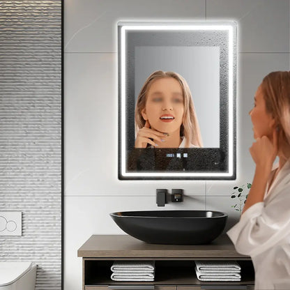 Modern rectangular led bathroom mirror with anti fog time display