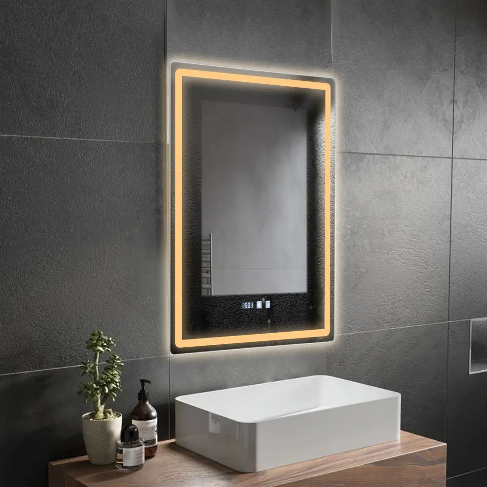 Modern rectangular led bathroom mirror with anti fog time display