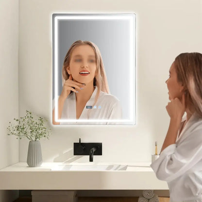 Modern rectangular led bathroom mirror with anti fog time display