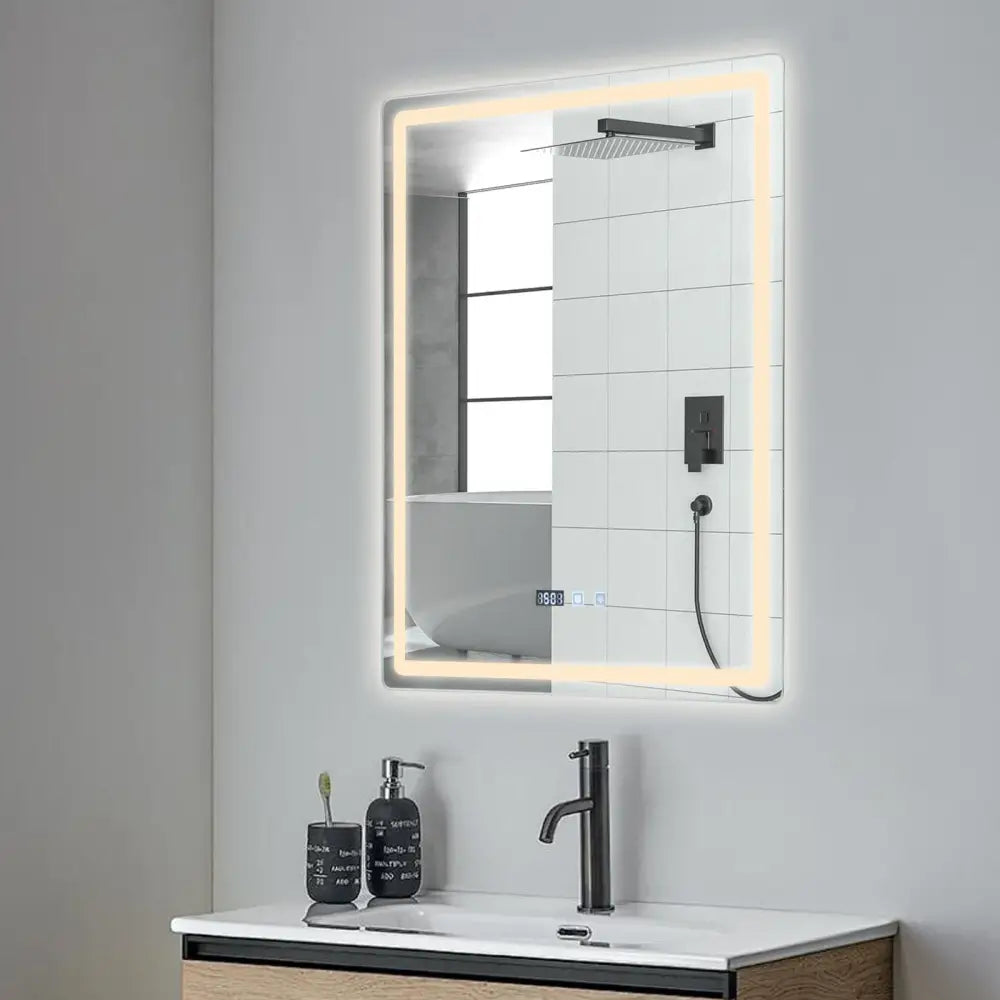 Modern rectangular led bathroom mirror with anti fog time display