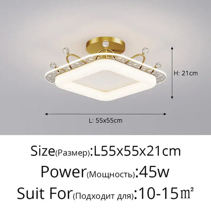 Modern gold square led ceiling lights with crystal accents bedroom