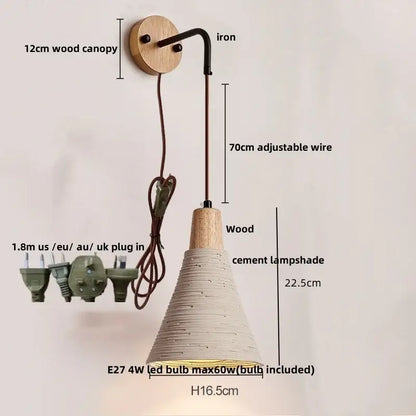 Rustic wood and led cement wall light bedroom sconce