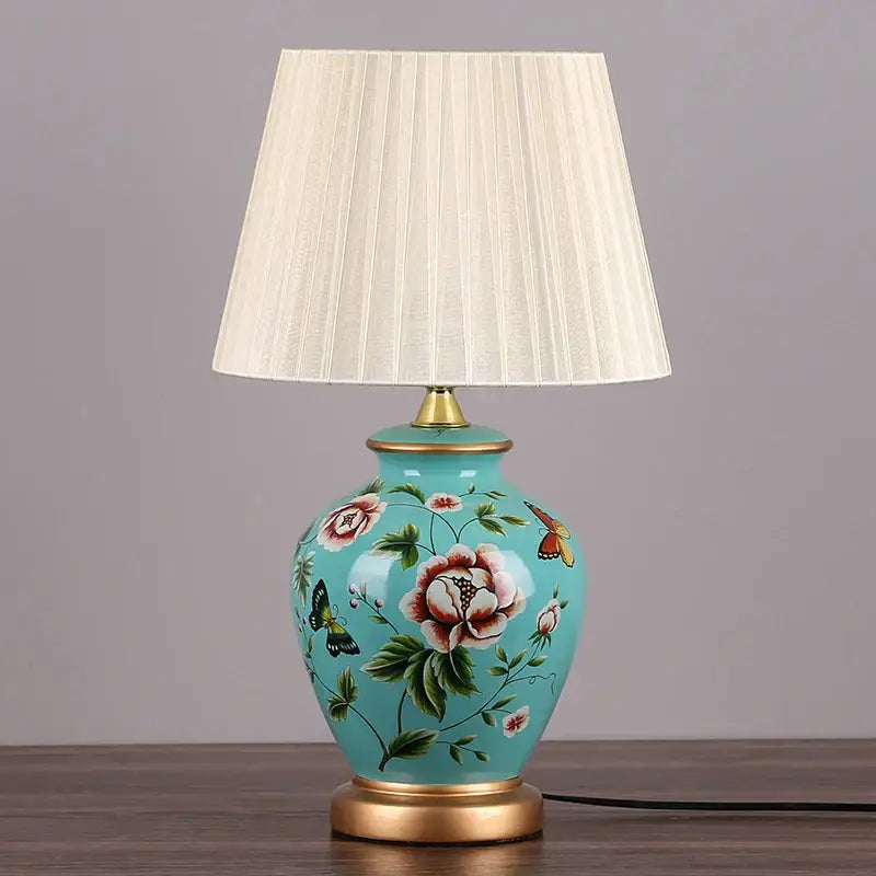 Blue floral bird ceramic table lamp bedroom pleated light