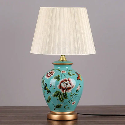 Blue floral bird ceramic table lamp bedroom pleated light