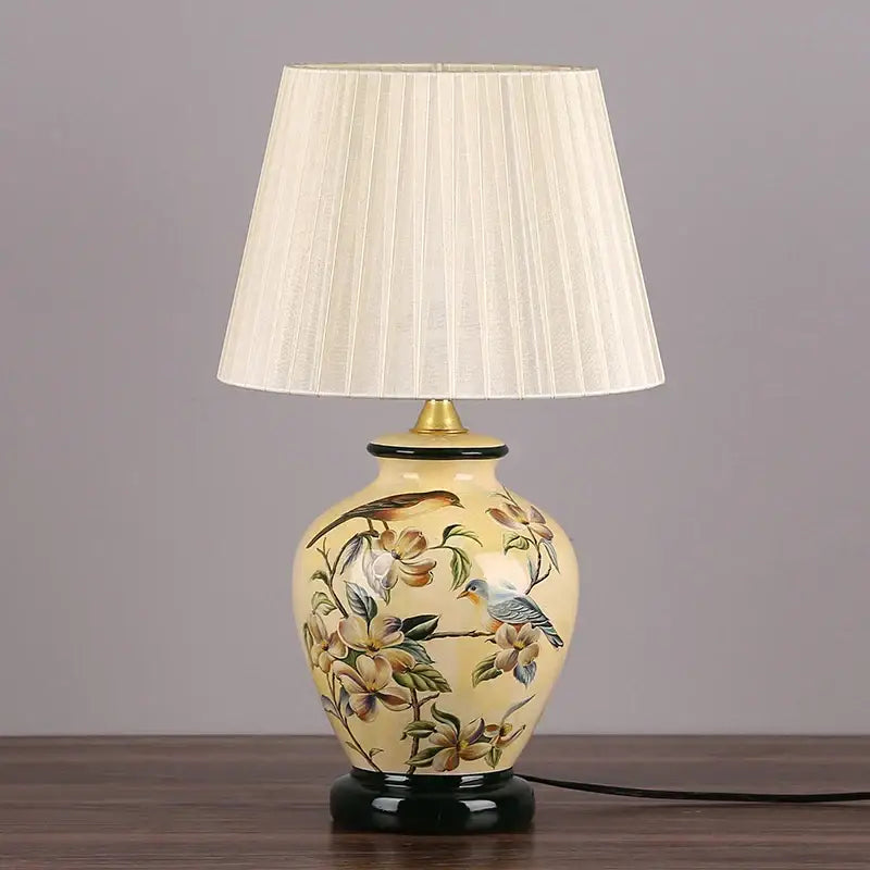 Blue floral bird ceramic table lamp bedroom pleated light