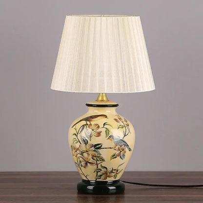 Blue floral bird ceramic table lamp bedroom pleated light