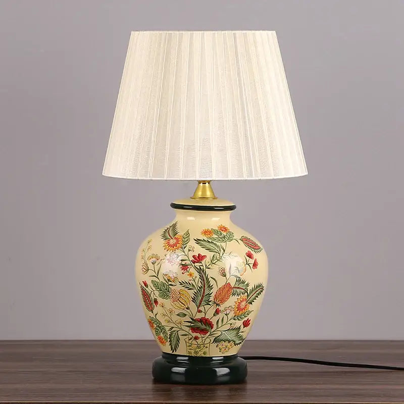 Blue floral bird ceramic table lamp bedroom pleated light