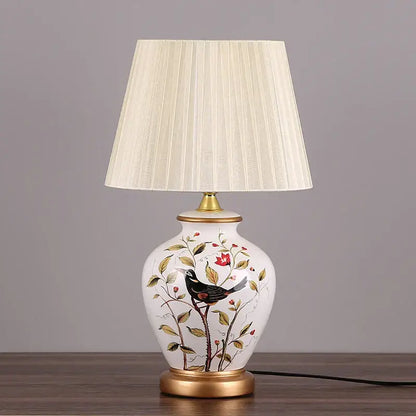 Blue floral bird ceramic table lamp bedroom pleated light
