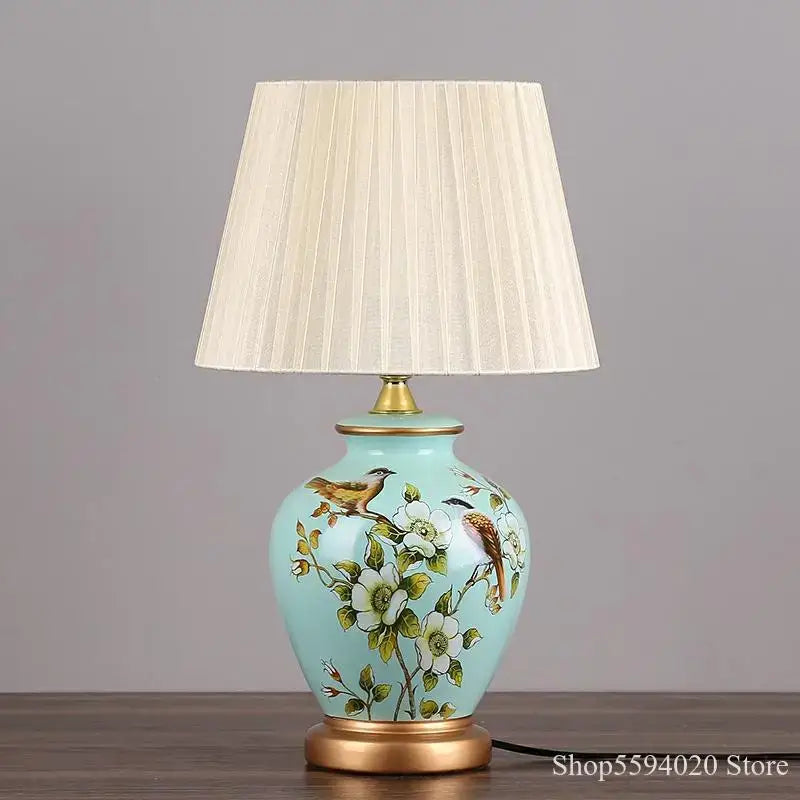 Blue floral bird ceramic table lamp bedroom pleated light