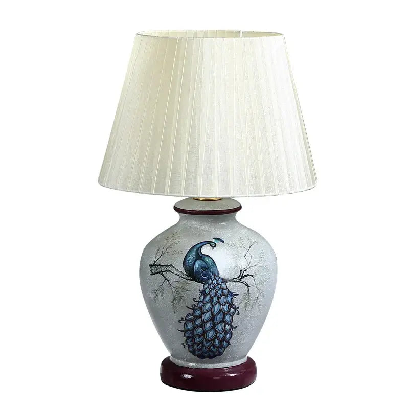 Blue floral bird ceramic table lamp bedroom pleated light