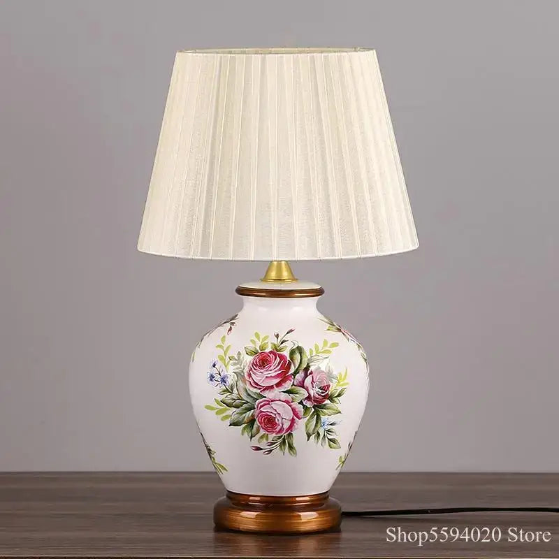 Blue floral bird ceramic table lamp bedroom pleated light
