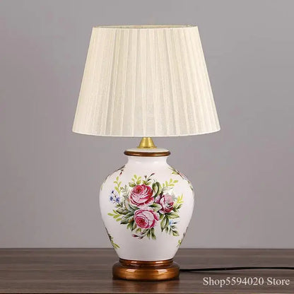 Blue floral bird ceramic table lamp bedroom pleated light
