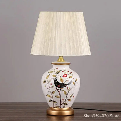 Blue floral bird ceramic table lamp bedroom pleated light
