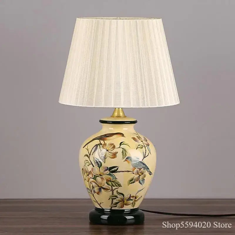 Blue floral bird ceramic table lamp bedroom pleated light