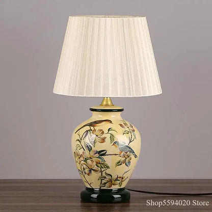 Blue floral bird ceramic table lamp bedroom pleated light