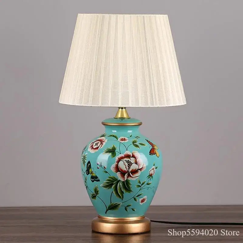 Blue floral bird ceramic table lamp bedroom pleated light